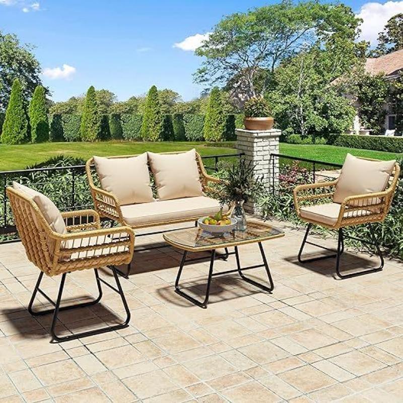 4-Piece Patio Furniture Wicker Outdoor Bistro Set, All-Weather Rattan Conversation Loveseat Chairs for Backyard, Balcon