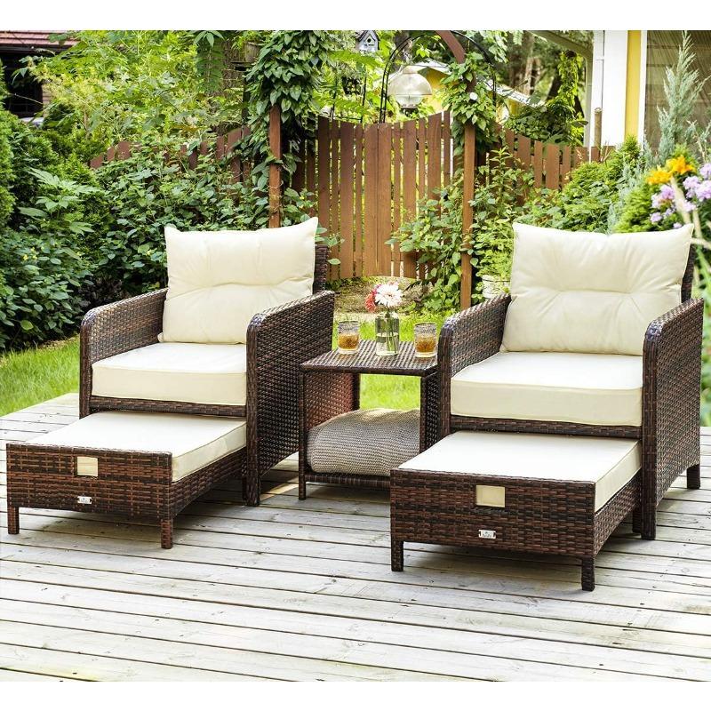 5 Pieces Wicker Patio Furniture Set Outdoor Patio Chairs with Ottomans Conversation Furniture with coffetable (Beige)