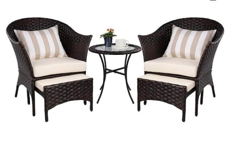 Patio Conversation Set Outdoor Wicker Furniture with 2 Chairs for Porch and Yard, Blue/Red/Beige