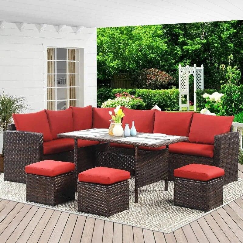 7 Piece Outdoor Dining Sectional Sofa with Dining Table and Chair, All Weather Wicker Conversation Set with Ottoman, Red