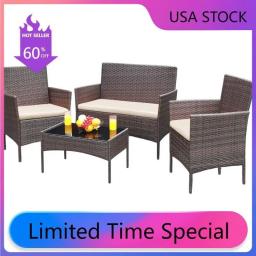 Greesum Patio Furniture 4 Pieces Conversation Sets Outdoor Wicker Rattan Chairs Garden Backyard Balcony Porch Poolside Loveseat