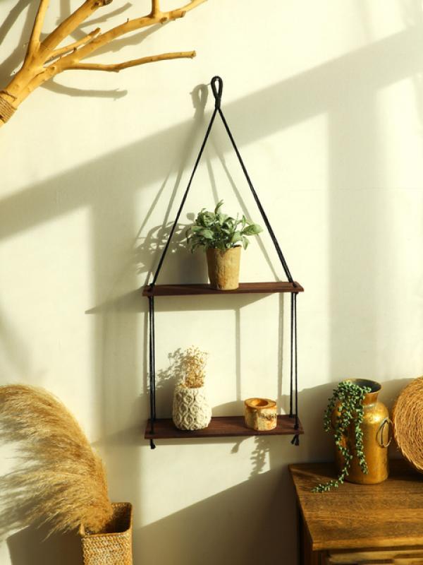 Two-Layer Wooden Wall Shelf Wood Color Macrame Hanging Boho Home Decoration Floating Shelf Plant Display Shelf Wall Organizer