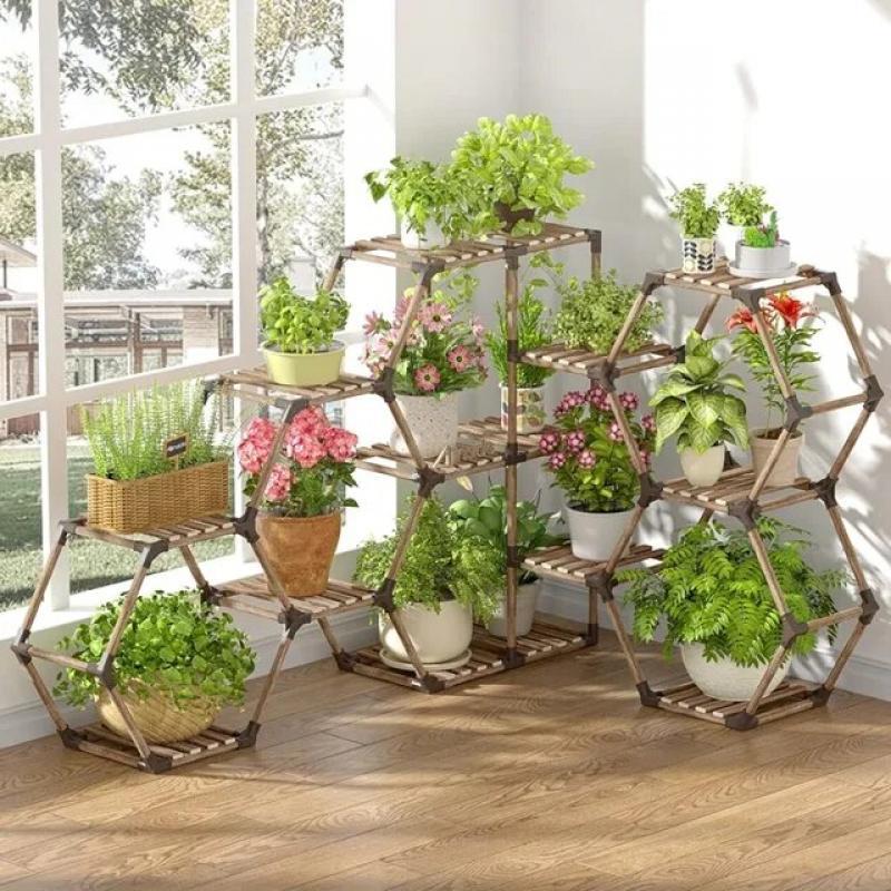 Allinside Corner Plant Stand Indoor, 12-Tier Outdoor Corner Shelf Stand Wooden Plant Holder for Multiple Plants Large Hexagon