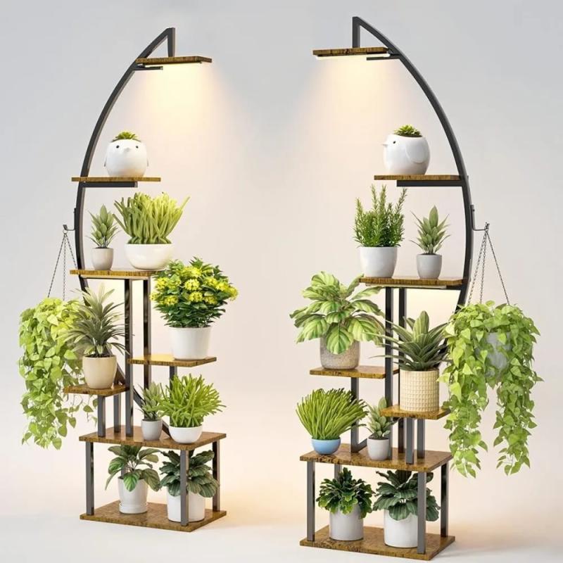 7 Tiered Flower Pots Stand with Grow Light, Tall Plant Stand Indoor, Large Holder Display Shelf, Half-Moon Shape Rack