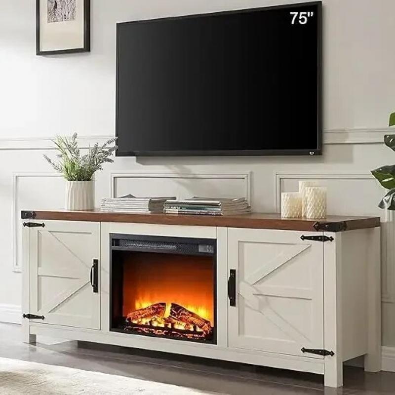 Fireplace TV Stand for 75 Inch TV, Farmhouse Barn Door Media Console, Entertainment Center with 23