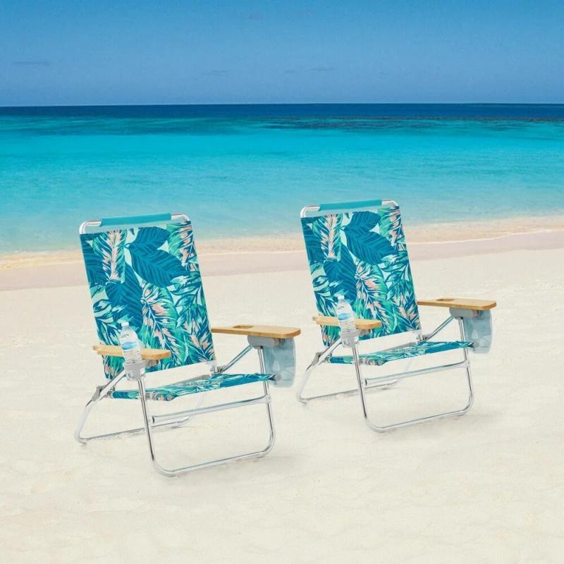 2-Pack Wood Arm Reclining Comfort Height Beach Chair, Green Palm Foldable  Recliner