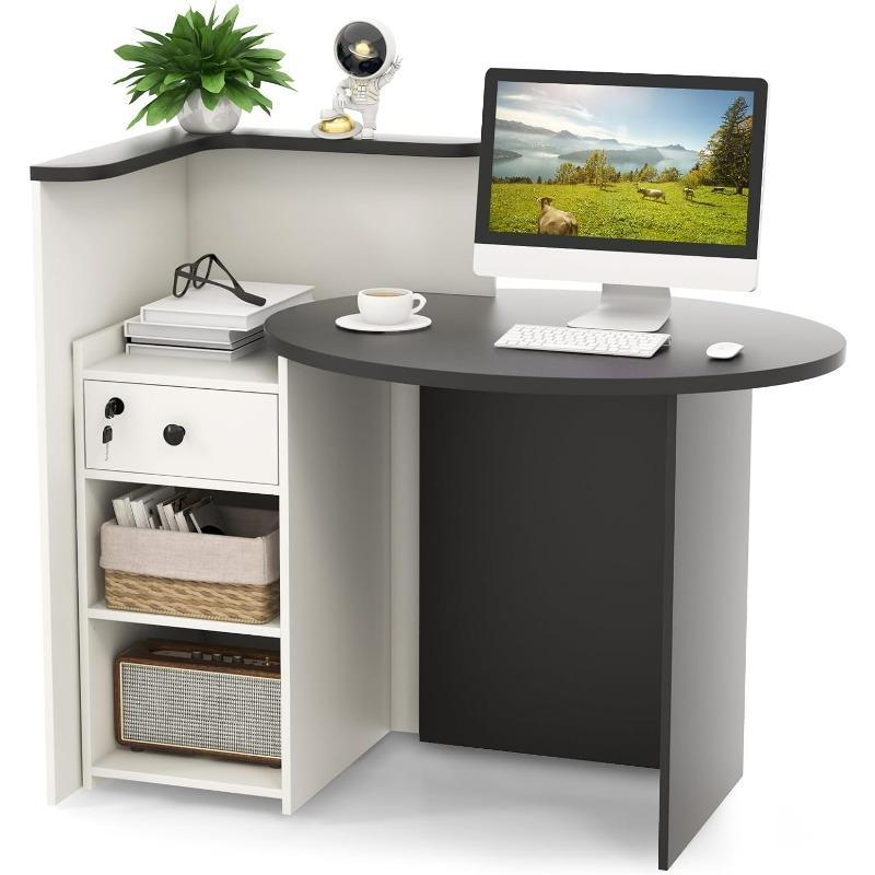 Tangkula Reception Desk, Front Counter Desk with Lockable Drawer & Adjustable Shelf, Oval Desktop, Retail Counter for Checkout