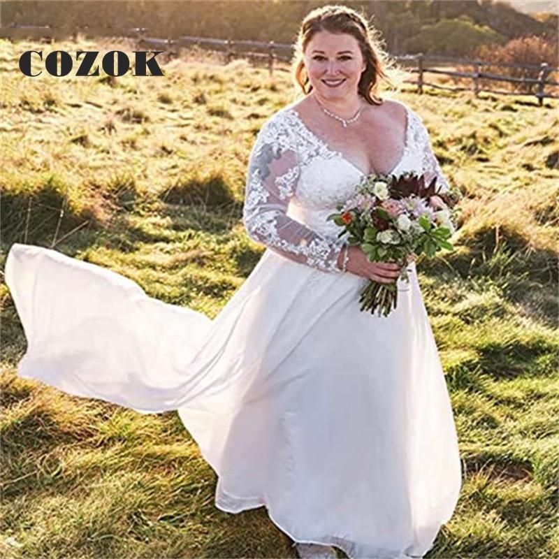 Graceful Long Sleeve Lace Appliques Wedding Dresses V Neck A Line Backless Plus Size Bride Gown Vestidos De Novia Custom BK03