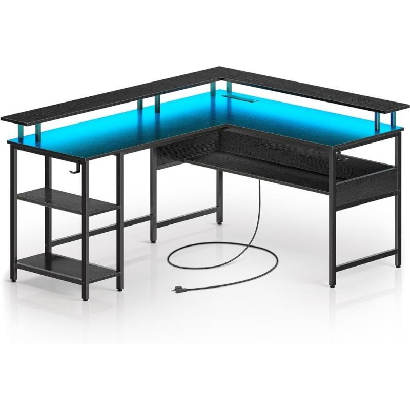 Rolanstar Computer Desk L Shaped 59''  LED Lights Power Outlets,  Monitor Stand, Home Office Desk  Storage, Desk USB Port Hook