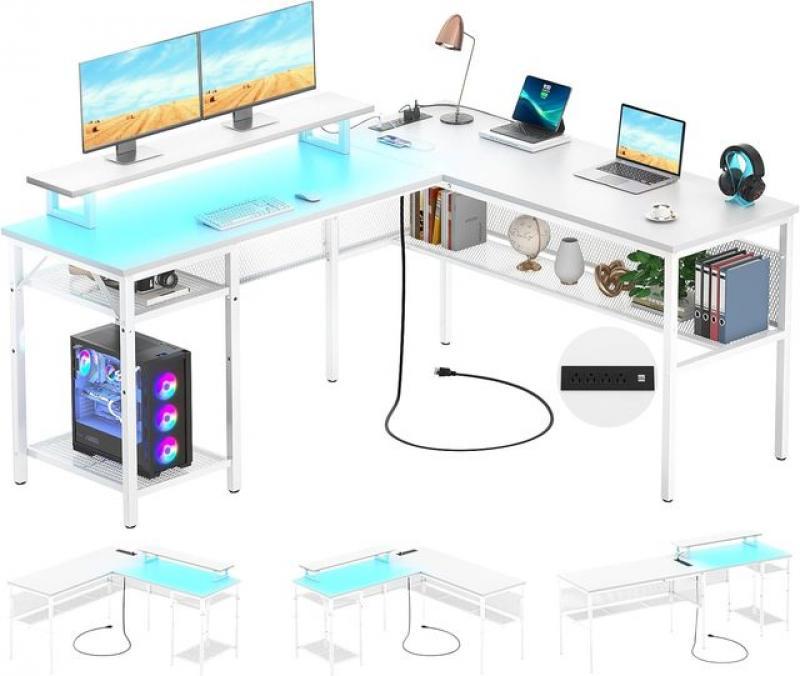 130 Inch Computer Desk, DLY Sturdy L Shaped Office Desk with Smart Strip Light and Magic Power Outlet