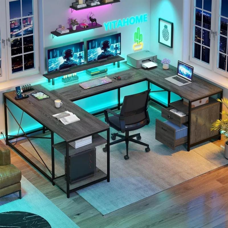 U Shaped Desk with Power Outlets & LED Lights, Reversible L Shaped Computer Desk with Drawers, Large Corner Office Desk