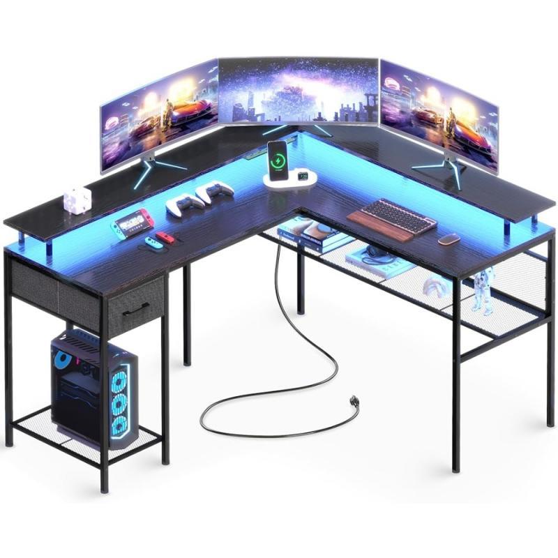 Huuger L Shaped Desk Gaming Desk with LED Lights & Power Outlets, Computer Desk Storage Shelves, Corner Desk Home Office Desk