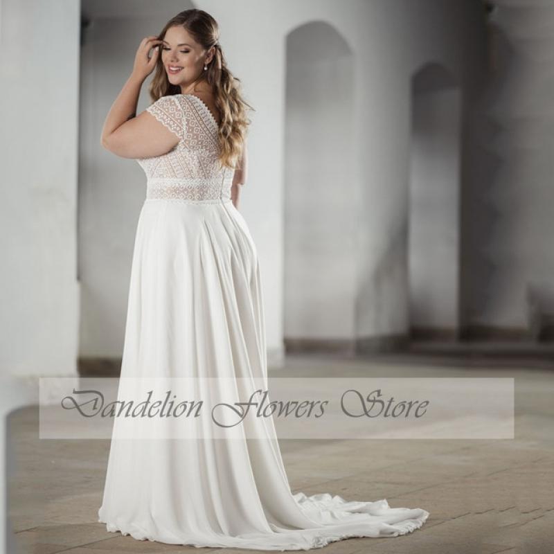 Classic Wedding Dress V-Neck Short Sleeves Bride Gowns Chiffon A-Line Sweep Train Zipper Backless Robe De Mariée Plus Size