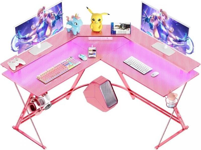 L Shaped Gaming Desk with LED Lights & Power Outlets, 50.4” Computer Desk with Monitor Stand & Carbon Fiber Surface