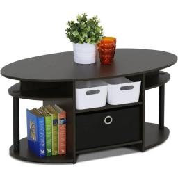 Simple Design Oval Coffee Table With Bin For Living Room, Walnut