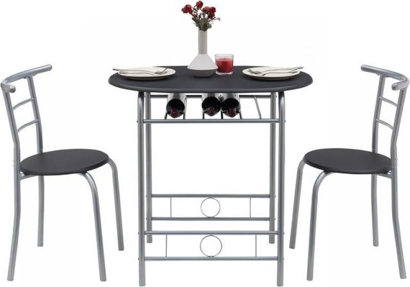 VECELO 3 Piece Wood Round Table & Chair Set for Dining Room Kitchen Bar Breakfast, with Wine Storage Rack, Space Saving