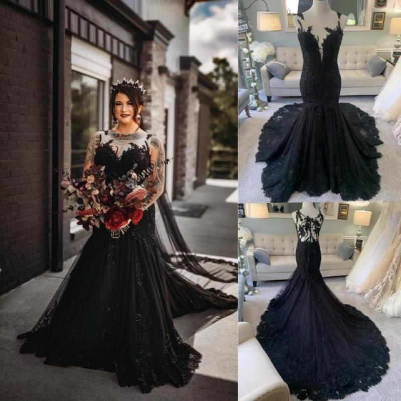 17003#A-Line Black Gothic Exquisit Wedding Dress Mermaid Dress Back Fishtail Illusion Lace Ceremony Bridal Dress with Button ODE