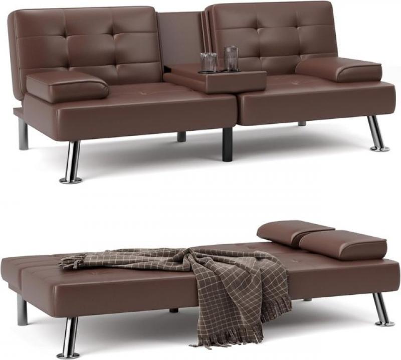 Convertible Folding Futon Sofa Bed Sleeper Couch for Living Room Faux Leather Upholstered w/Removable Armrests, 2 Cup Holders