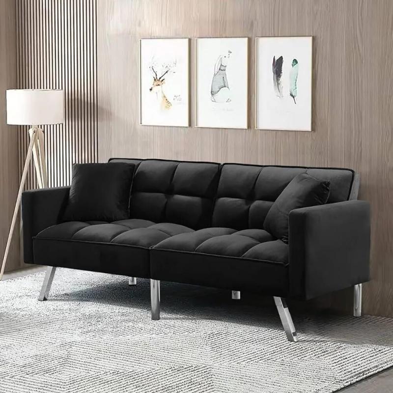 Modern Tuft Futon Couch Convertible Loveseat Sleeper Reclining Sofa Bed Twin Size with Arms and 2 Pillows for Living Room, Black