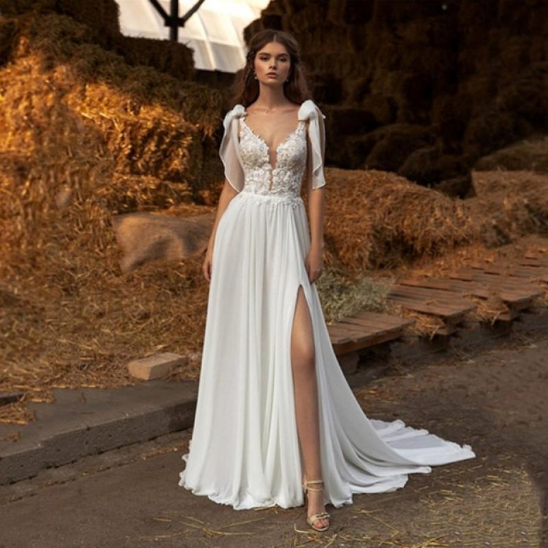 Sexy V-Neck Sleeveless Bow Ribbons Flower Lace Appliques A-Line Wedding Dress For Bride Backless High Slit Chiffon Robe De Marié