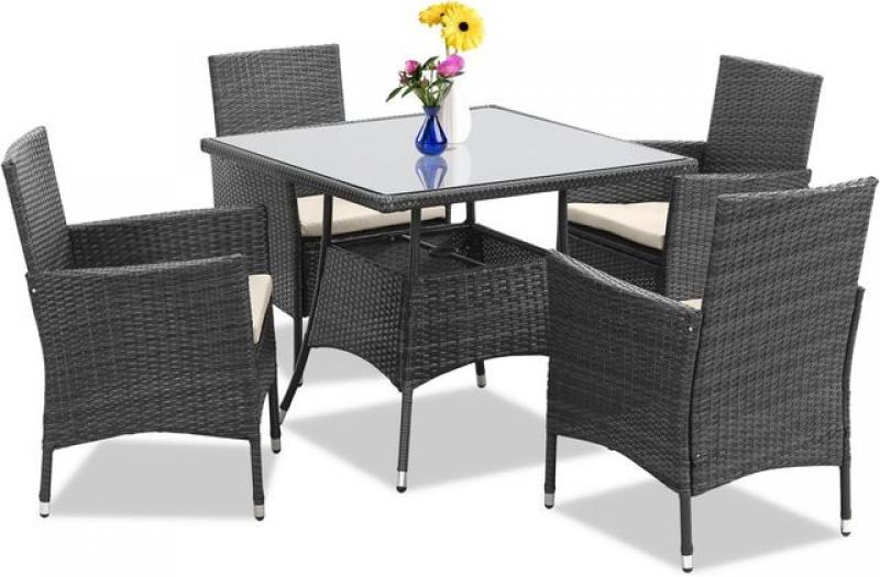 4/5 Piece Patio Dining Sets with Cushions, Wicker Outdoor Dining Set w/Square Tempered Glass Tabletop with Umbrella Hole