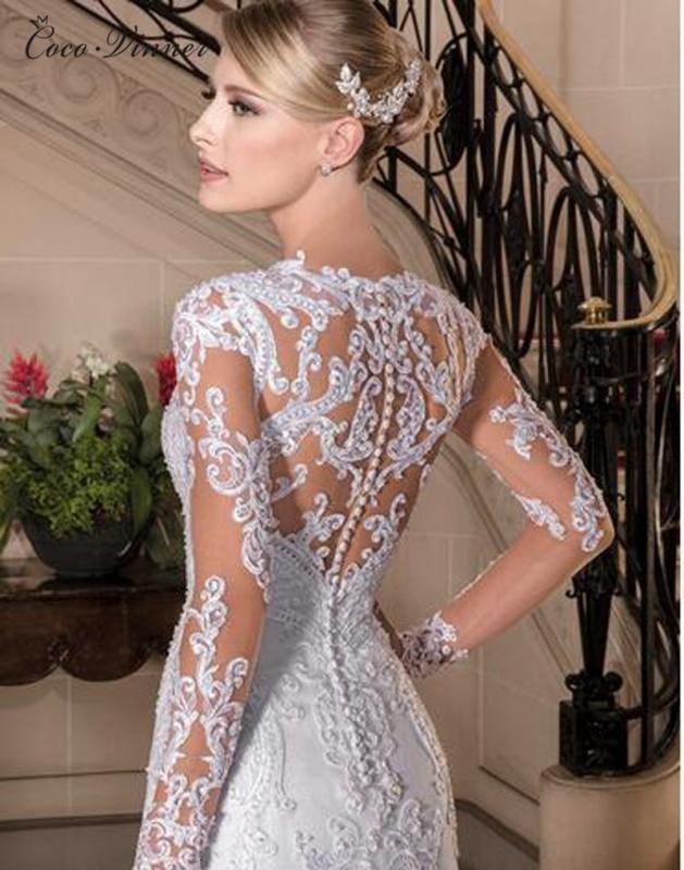 Sexy Illusion Back Long sleeve Lace Mermaid Wedding Dress 2023 Europe New Pearls Beading Appliques White Bride Dresses W0149