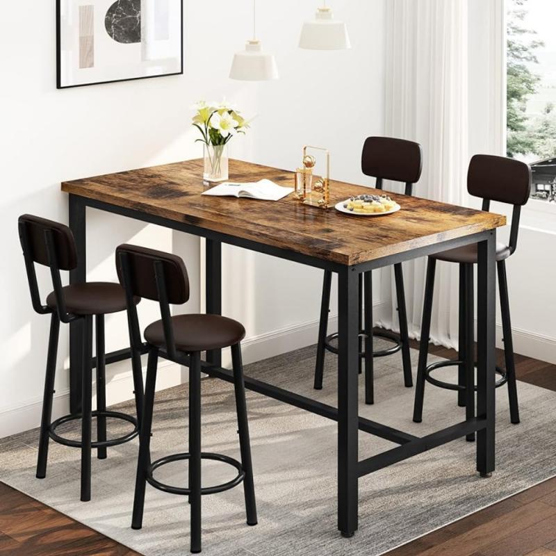 Table and Chairs Set Industrial Wood Kitchen Dining Tables Height with 4 PU Upholstered with Backrest 5 Pieces Home Kitchen Set
