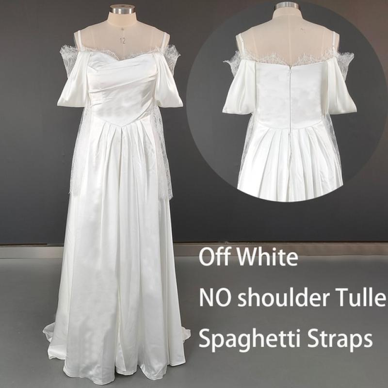 Illusion Tulle Off Shoulder Lace Wedding Gowns Big Size Custom Made A Line Long Sleeves Ruched Satin High Slit Bridal Dress