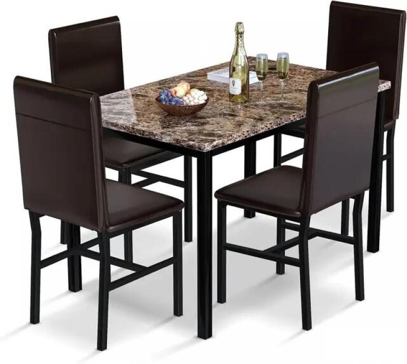 AWQM White Dining Table Set for 4,Faux Marble Kitchen Table and Chairs for 4 with Upholstered Leather Chairs,Dining Room Table
