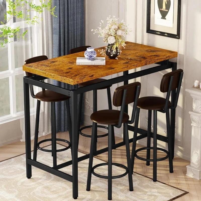 Counter Height Bar 4 Chairs Bar Table Set for Restaurant Kitchen Breakfast, PU Upholstered Stool with Backrest, 5 Pieces, Brown