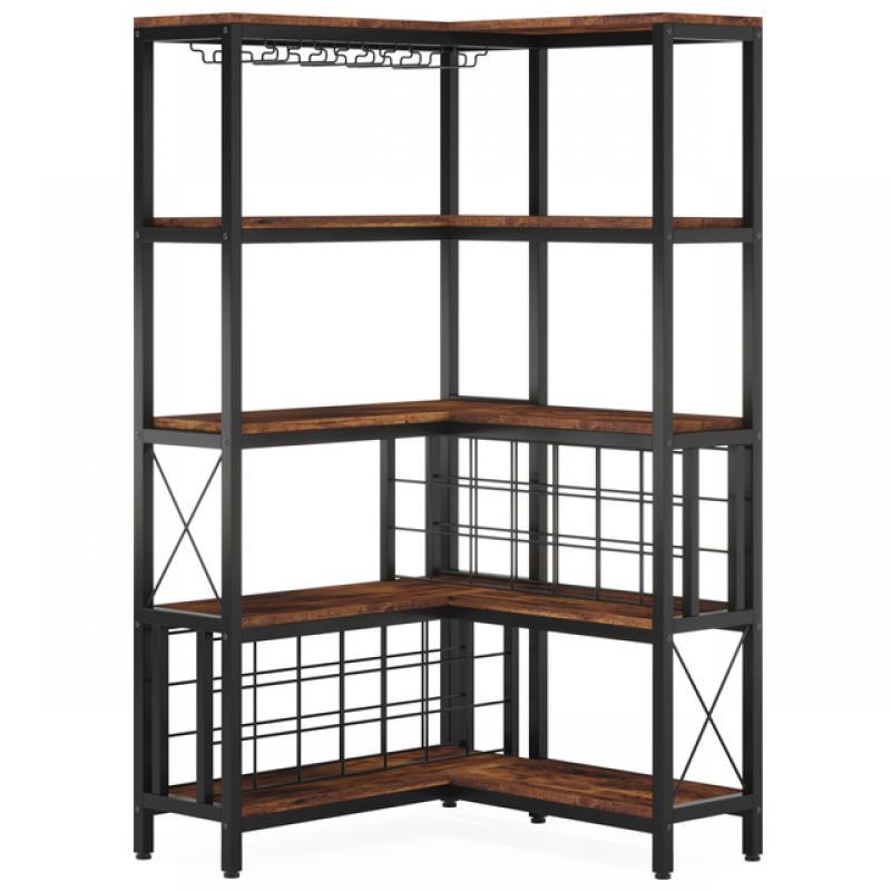 Tribesigns Large Corner Wine Rack, 5-Tier L Shaped Industrial Freestanding Floor Bar Cabinets for Liquor and Glasses Storage