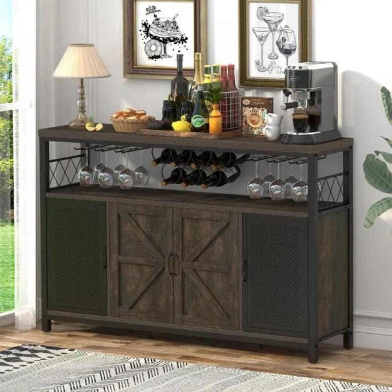 Industrial Wine Bar Cabinet for Liquor and Glasses, Rustic Sideboard  Buffet with  Rack, Farmhouse Coffee  