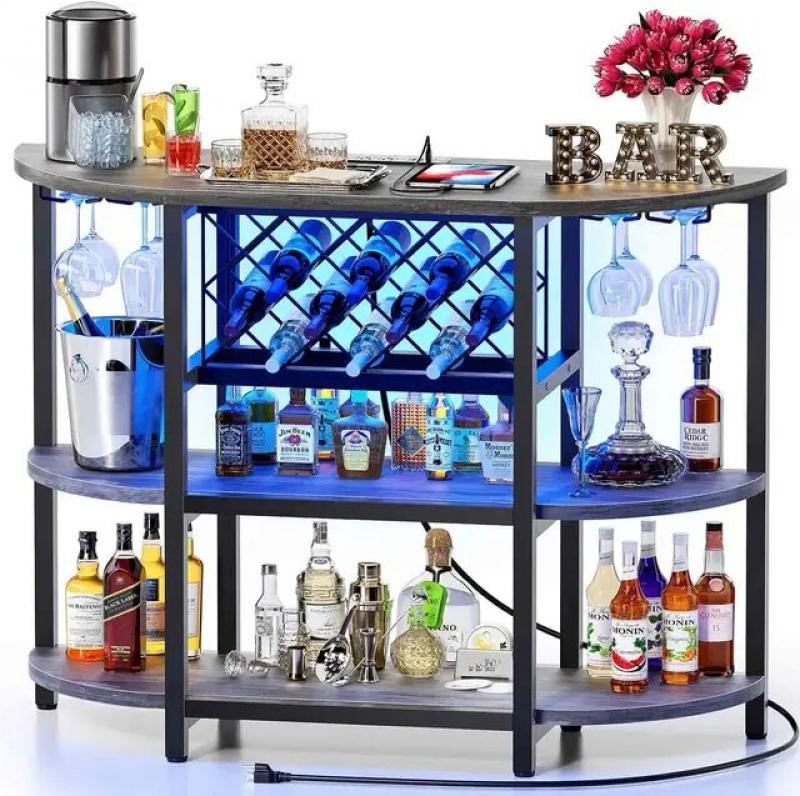 Zarler Bar Table Cabinet with Power Outlet, LED Home Mini Bar for Liquor, Metal Wine Bar Stand with 4-Tier Storage, Easy
