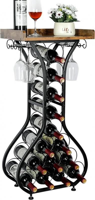 Wine Rack Freestanding Floor, Mini Bar Table Wine Holder Stand Liquor Cabinet with Glass Holder Wood Tabletop 14 Bottles