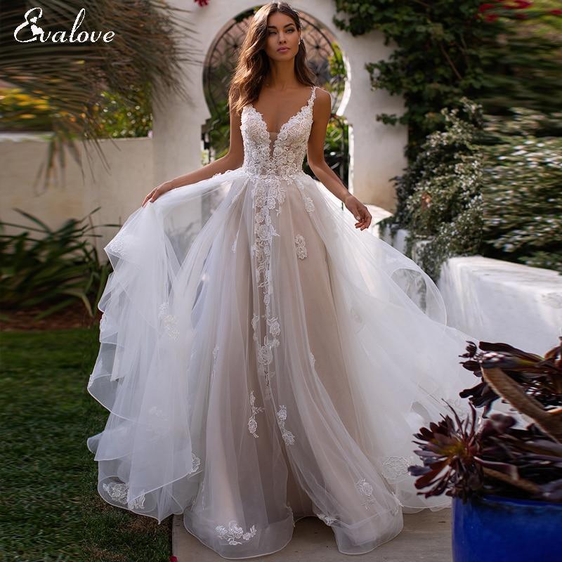 EVALOVE Sexy Sweetheart Neck Backless Bride A-Line Wedding Dress Luxury Beading Appliques Spaghetti Straps Princess Bridal Gown