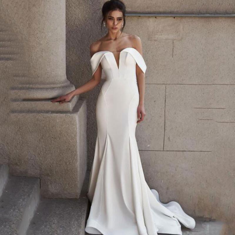 Elegant Mermaid Wedding Dresses Satin Bridal Gowns Sexy Backless Vestido De Novia Off The Shoulder County Wedding Gowns Customiz