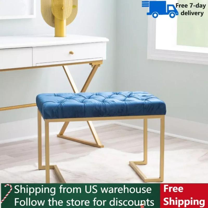 Gold Base With Navy Velvet Fabric Ottoman in the Bedroom Julius Ottoman Bench Stool Dining Chair Stools Dining Room Chairs Home