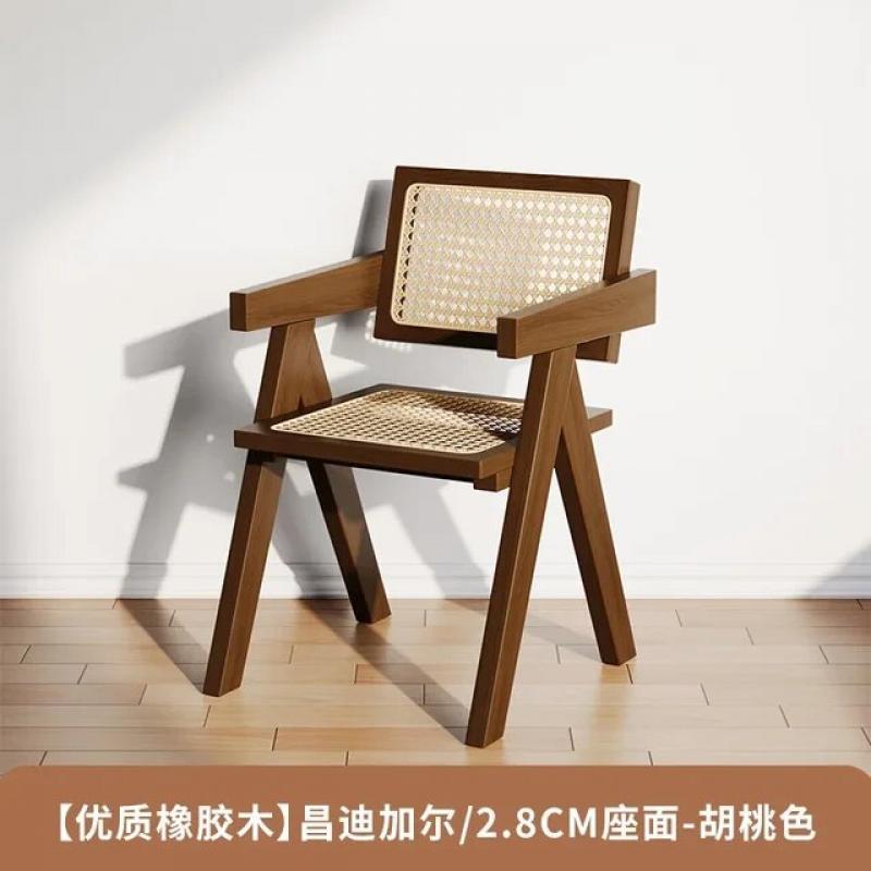 Rattan Weaving Solid Wood Chairs Home Furniture Dining Table with Armrests Stool Retro Simple Comfortable Backrest Bench