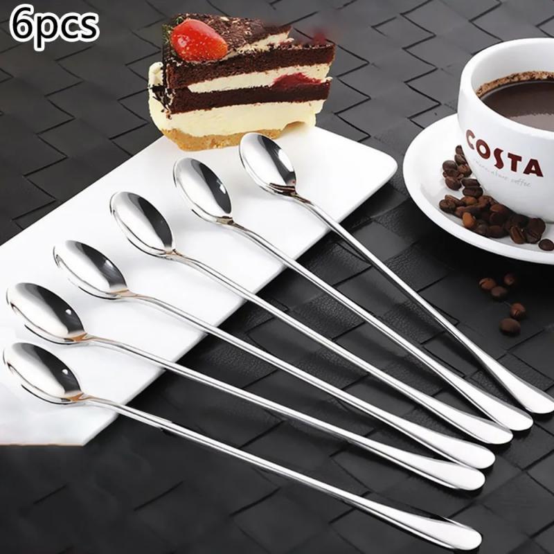 6PCS 304 Stainless Steel Coffee Spoon Ice Cream Dessert Tea Stirring Spoon For Picnic Kitchen Accessories Bar Tools Long Handled