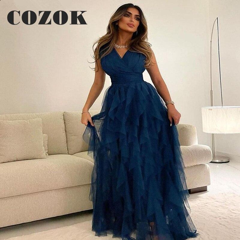 V Neck Dark Blue Tulle Prom Dress Floor-Length Sleeveless A Line Party GownVestido De Gala Custom For Women LF21