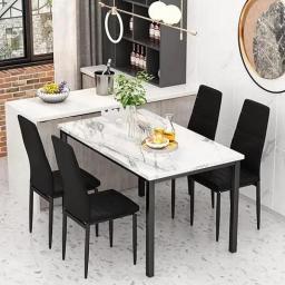 AWQM 3 Pieces Dining Room Table Set, Kitchen Table Set With Faux Marble Top Table And 2 PU Leather Upholstered T Space, White