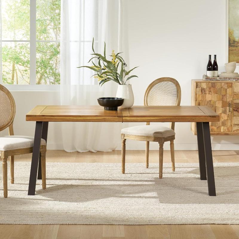 Wood Dining Table, Natural Stained with Rustic Metal, 32.25 in x 69 in x 29.5 in, Brown, Grey