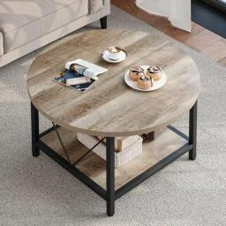 Round Coffee Table With Storage, Rustic Living Room Tables With Sturdy Metal Legs, OAK