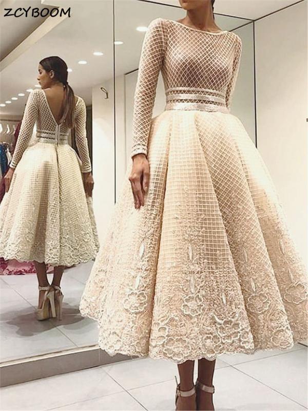 Elegant Champagne A-Line Long Sleeves Evening Dress 2023 Tea Length Appliques Cocktail Party Women Prom Gown فساتين مناسبة رسمية