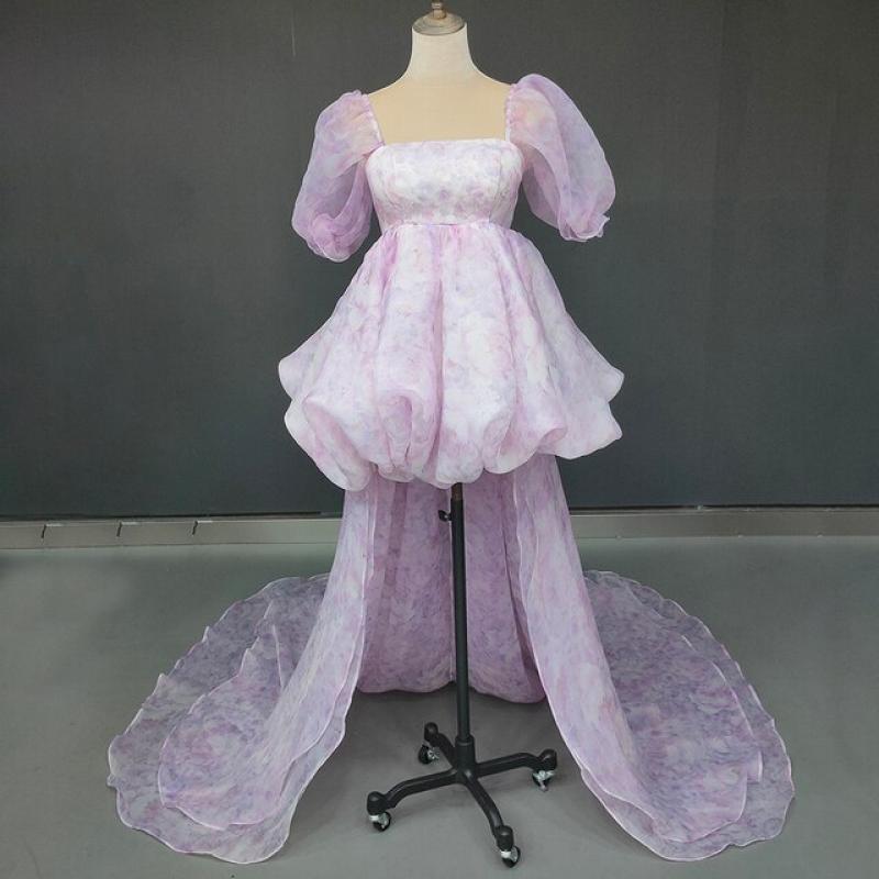 Barbara Floral Printed Puff Organza Renaissance Fairytale Dress Sheer Bandeau Sleeve Mini Square Neck Detachable Train Prom Gown