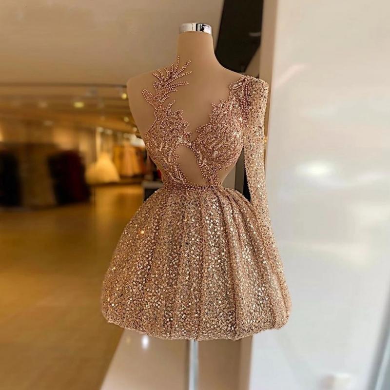 One Shoulder Champagne Prom Dresses For Women 2023 Fashion Short Party Dress Sequined Beaded Homecoming Gowns Abendkleider