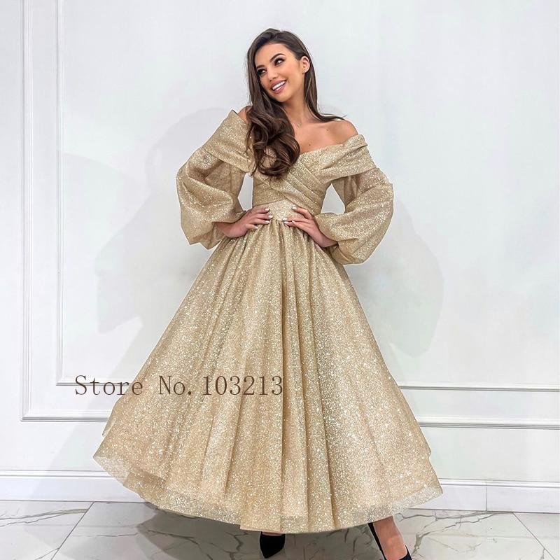 Sexy V-Neck Sequined Sash Puff Sleeve Zipper A-Line Evening Dress Prom Gowns Vestido De Noche