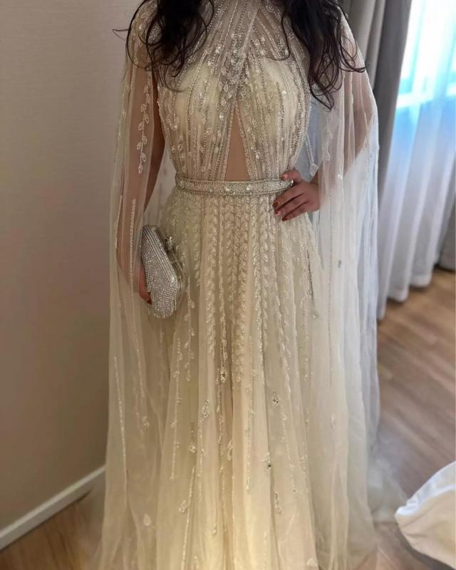 Luxury Dubai Light Champagne Party Dresses 2023 With Shawl Saudi Arabia Women Wedding Party Formal Prom Dress فساتين