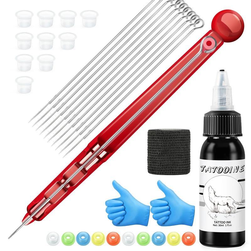 1 Set Hand Poke Pen and Stick Tool Tattoo Needle Holder Tattoo Ink Cup Pigment Glover Grommet Bandage Kit