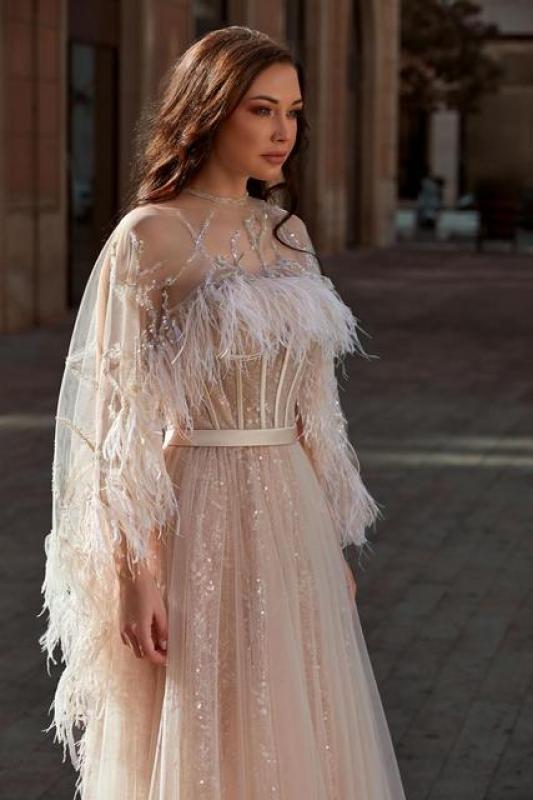 14107#Elegant Crystal And Silver Beads Off Shoulder Shawl Detail With Feathers A-line Dress With Beads Evening Party Prom Dress